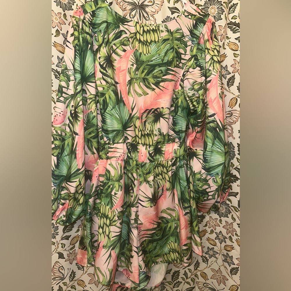 SHEIN Green and Pink Tropical Romper Short